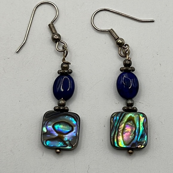 LAPIS, ABALONE, AND STERLING SILVER EARRINGS - Picture 1 of 4